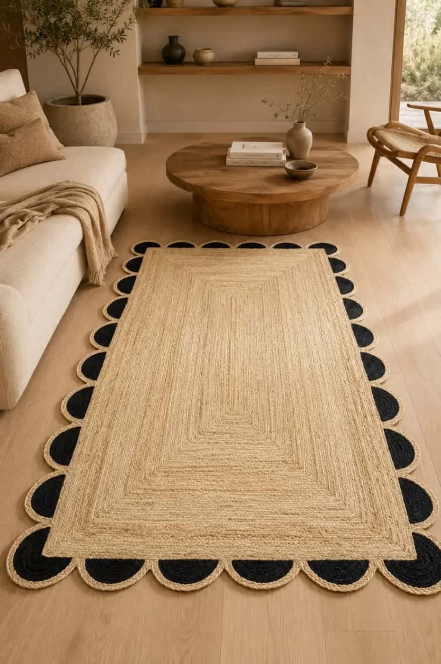 Black Scalloped Edge Rectangular Jute Rug 2