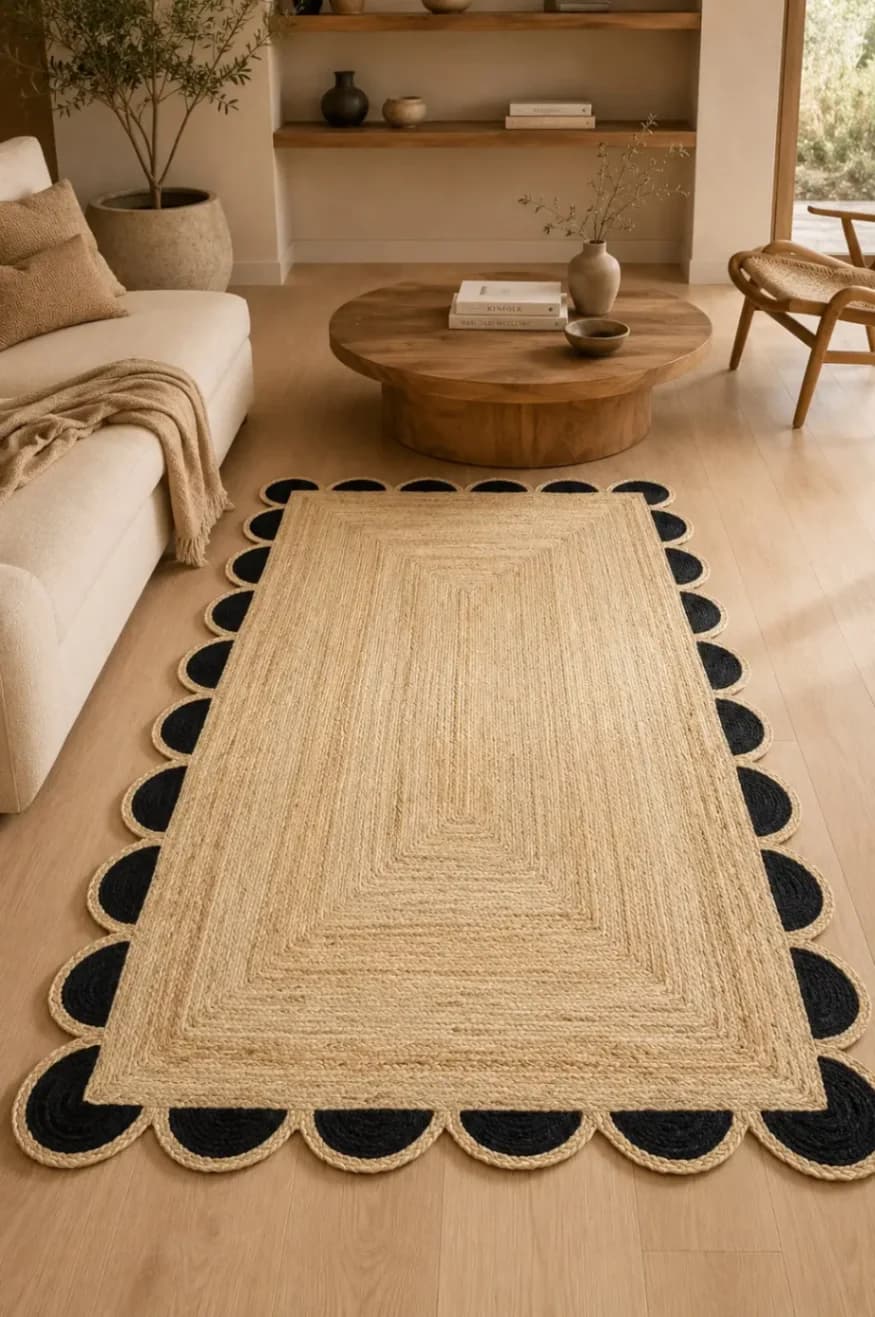 Black Scalloped Edge Rectangular Jute Rug alternate