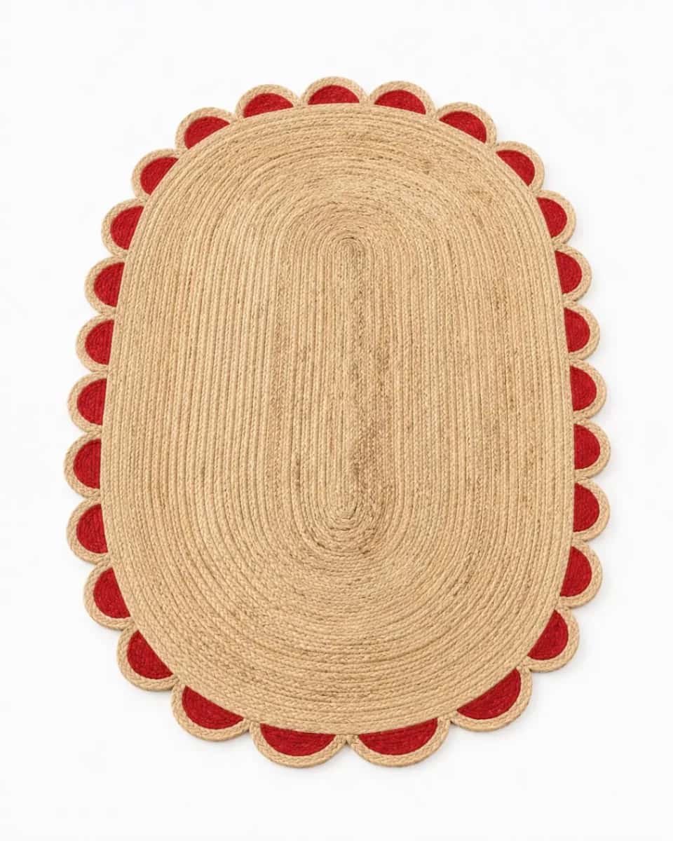 Red Scalloped Edge Oval Jute Rug