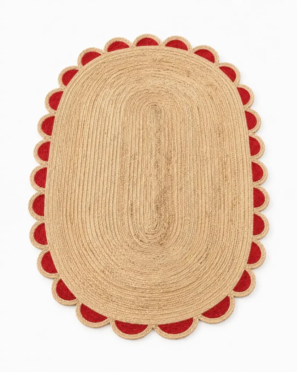 Red Scalloped Edge Oval Jute Rug