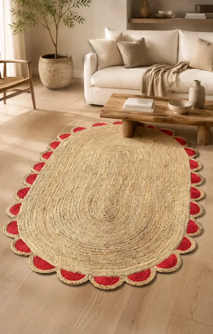 Red Scalloped Edge Oval Jute Rug alternate