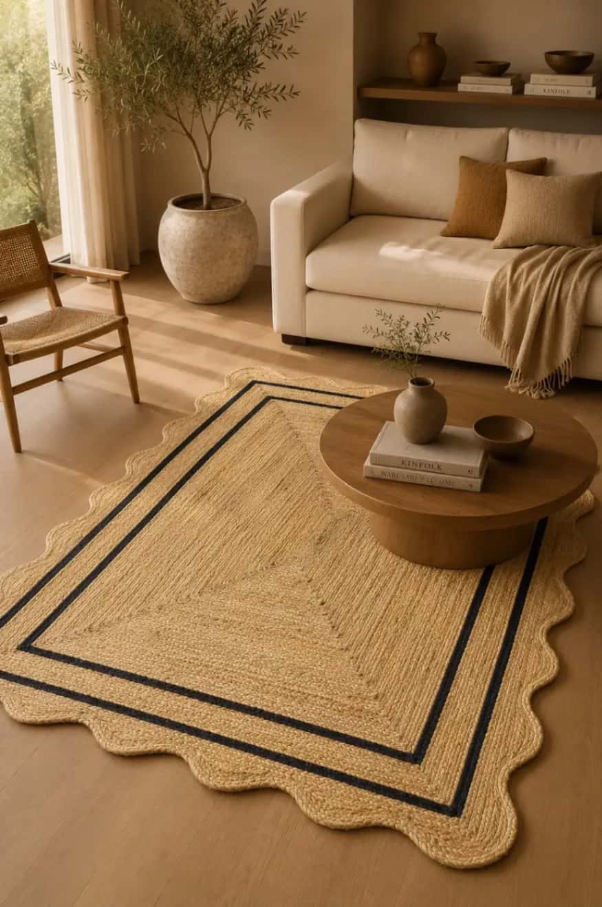 Black Wavy Edge Rectangular Jute Rug 2
