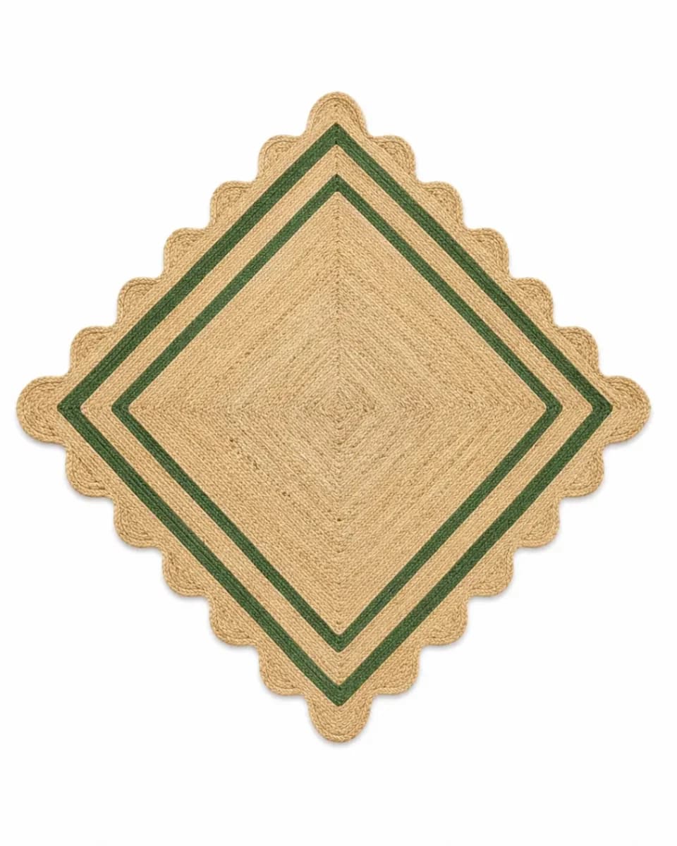 Green Wavy Edge Diamond Weave Jute Rug