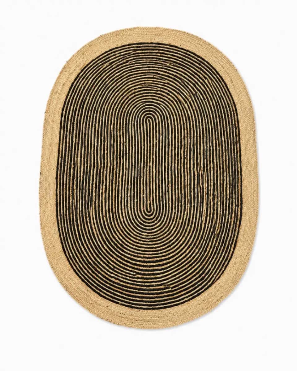 Solid Natural Jute & Black Spiral Oval Jute Rug